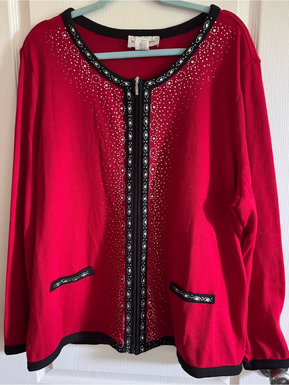 Cathy Daniels Women’s 1X Red Embellished Full Zip Cardigan Sweater Holiday